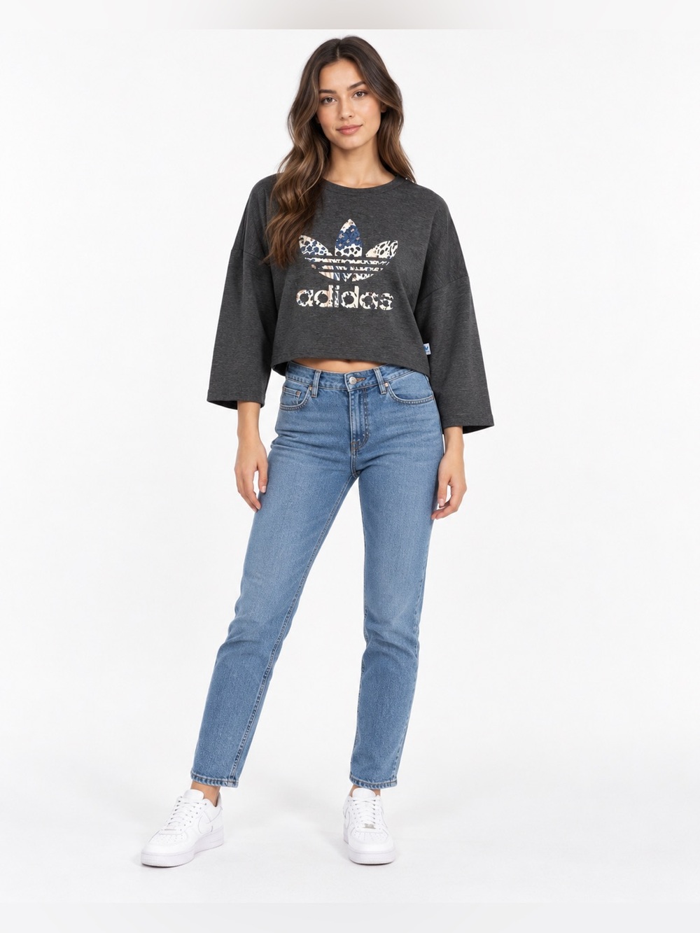 Adidas Originals Women’s Cropped Floral Trefoil Top Grey Size XS